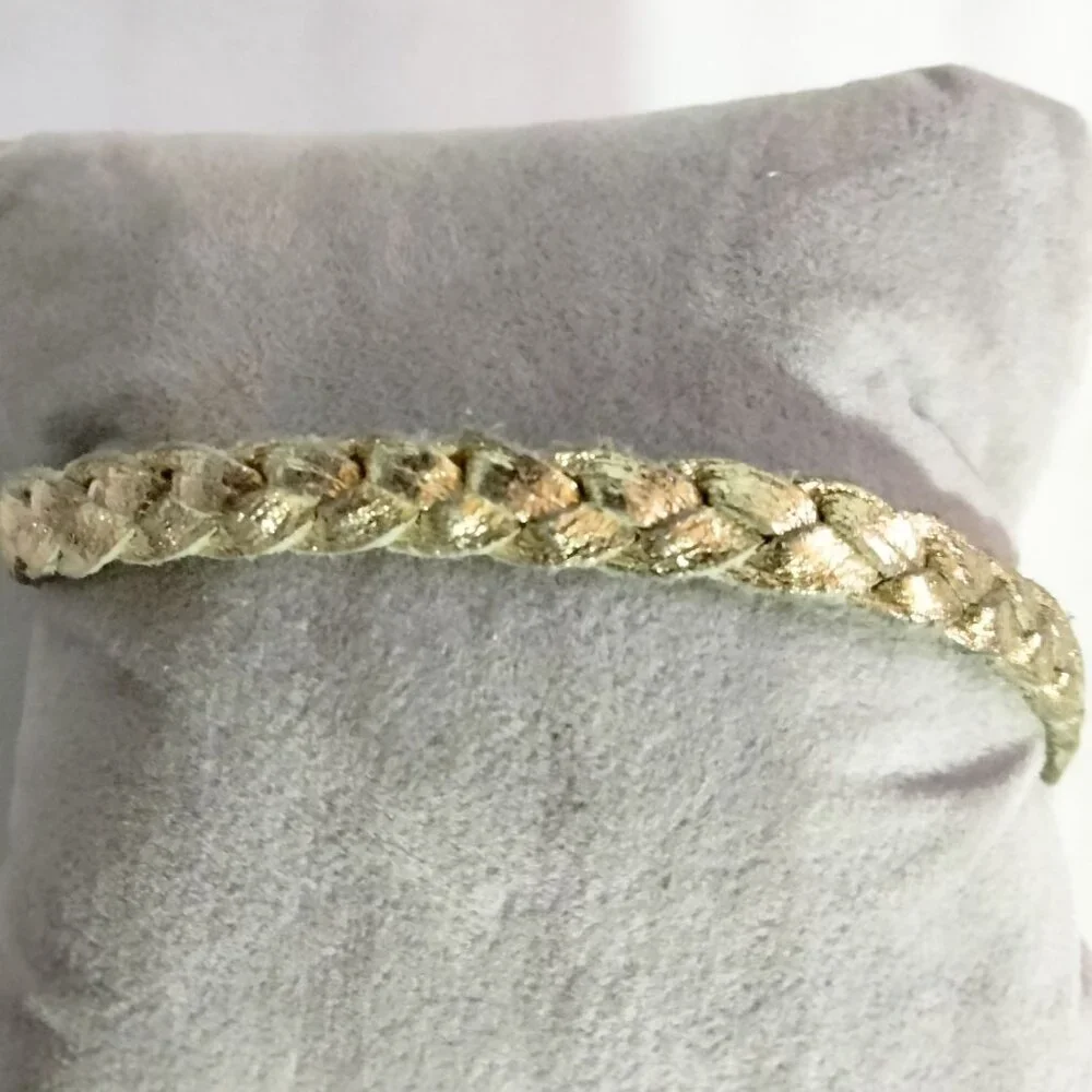 Braided Metallic Gold Leather Bracelet Charm Holder Snap Closure - Picture 2 of 8